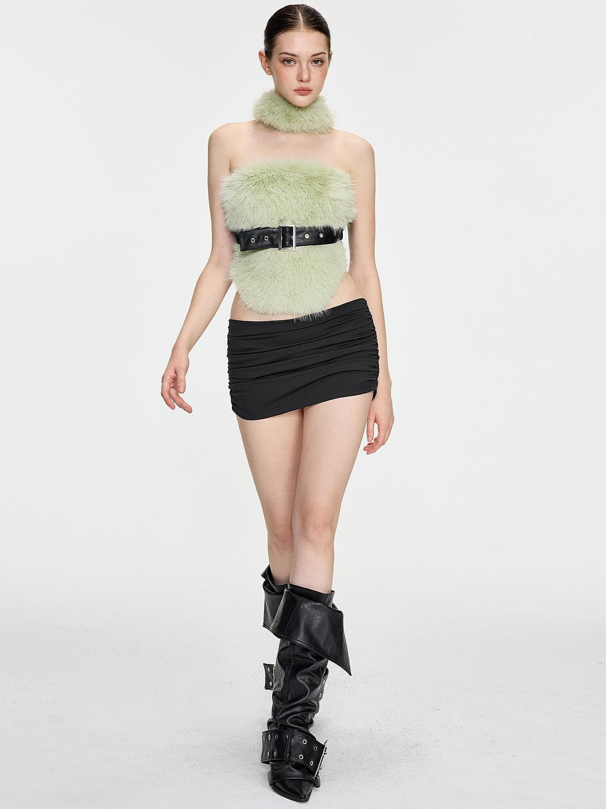 AE30 Saint Leopard Print Green Fuzzy Spliced Belted Slim Fit High Neck Women&