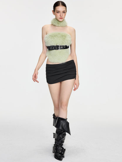 AE30 Saint Leopard Print Green Fuzzy Spliced Belted Slim Fit High Neck Women&
