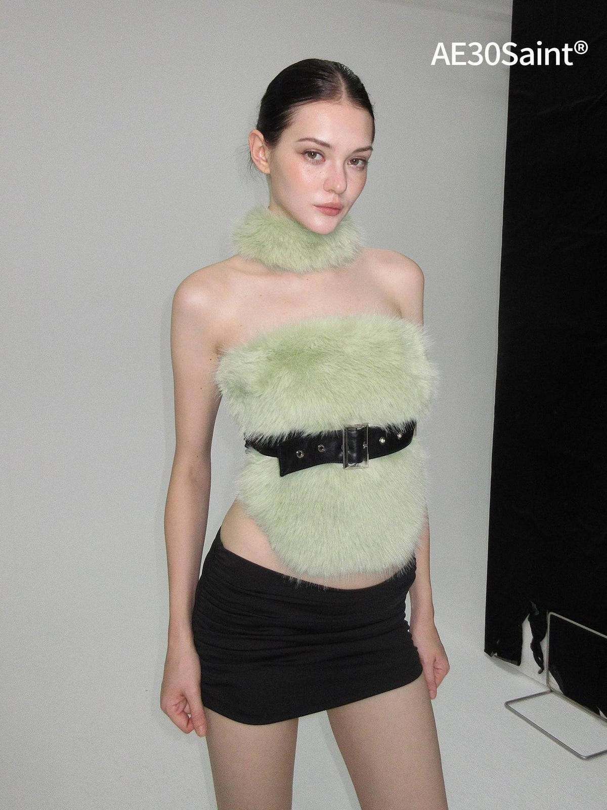 AE30 Saint Leopard Print Green Fuzzy Spliced Belted Slim Fit High Neck Women&