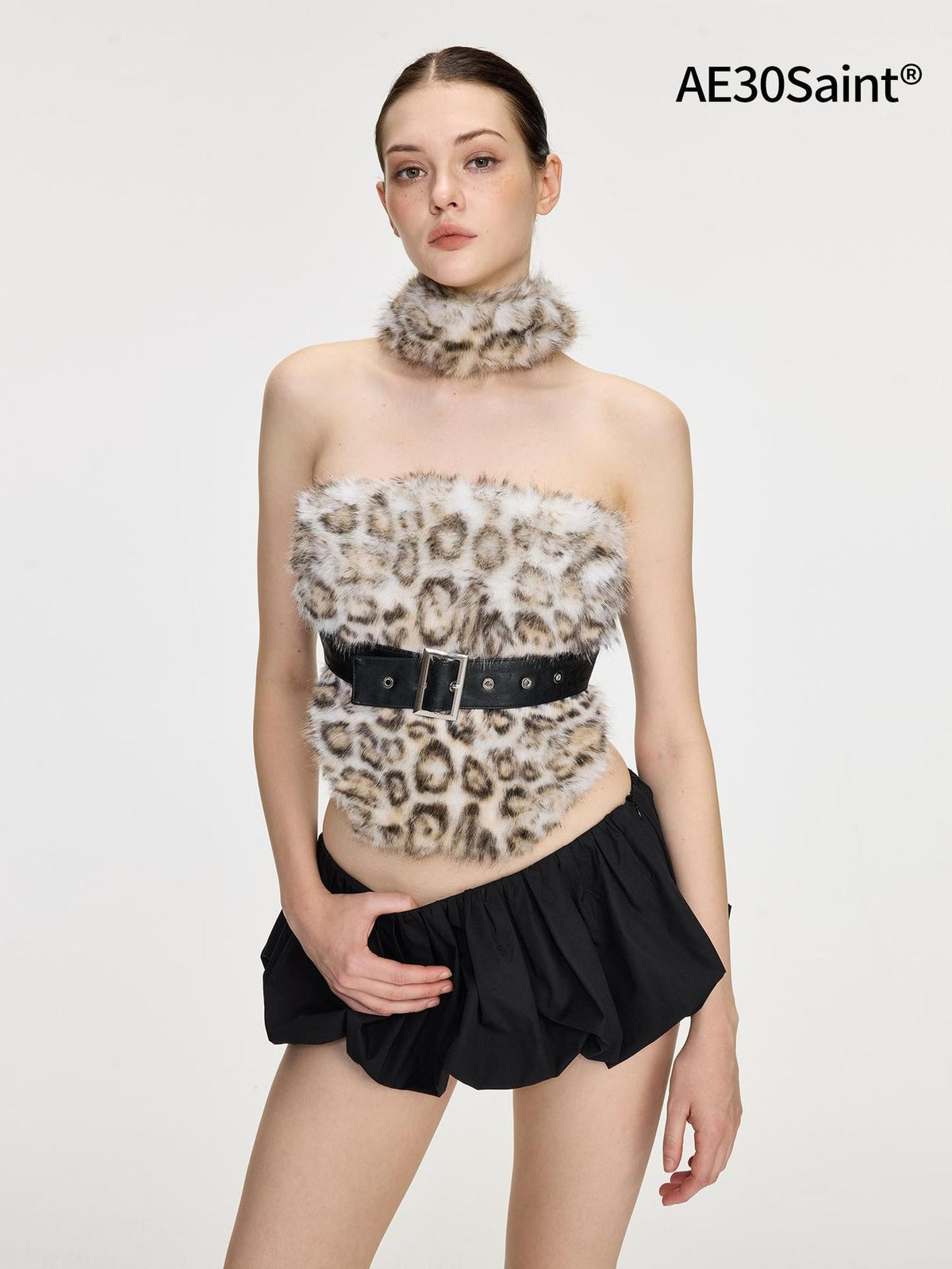 AE30 Saint Leopard Print Green Fuzzy Spliced Belted Slim Fit High Neck Women&