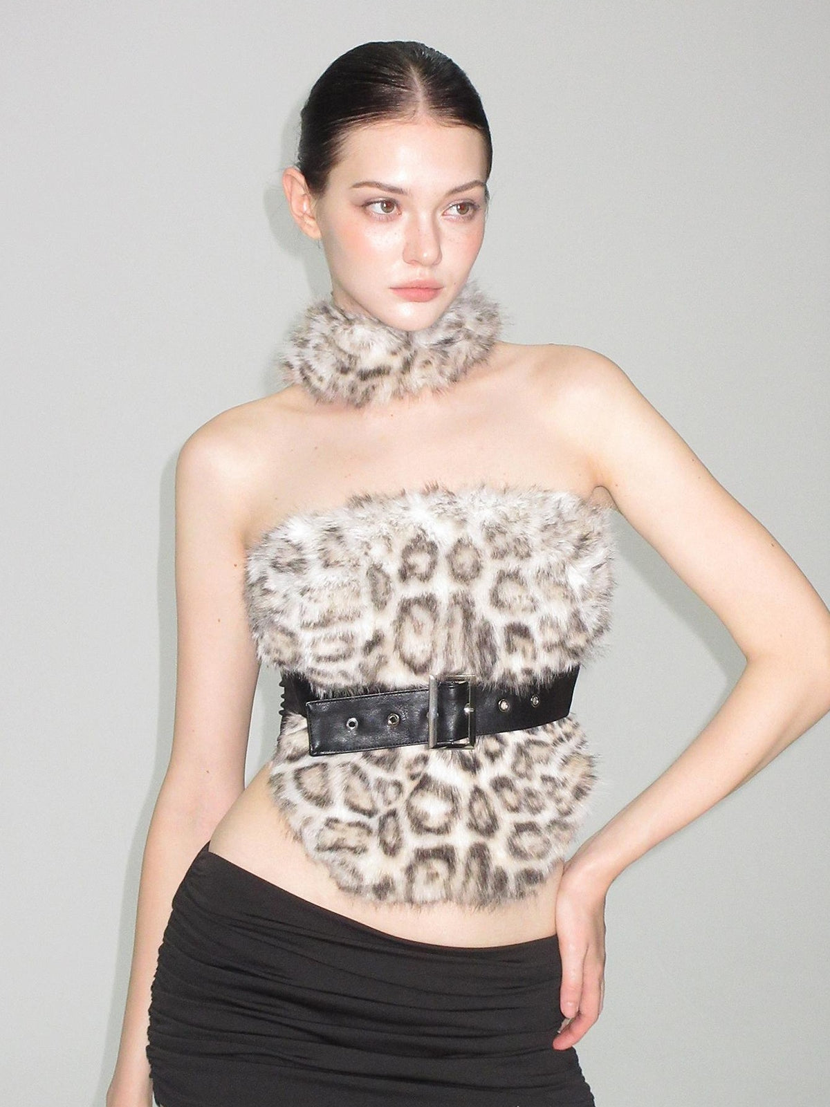AE30 Saint Leopard Print Green Fuzzy Spliced Belted Slim Fit High Neck Women&
