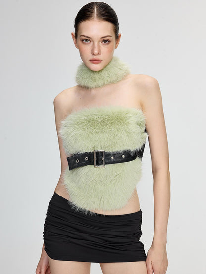 AE30 Saint Leopard Print Green Fuzzy Spliced Belted Slim Fit High Neck Women&