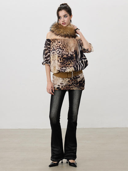 AE30 Saint Leopard Print Ruched Puff Sleeve Bodycon Women&