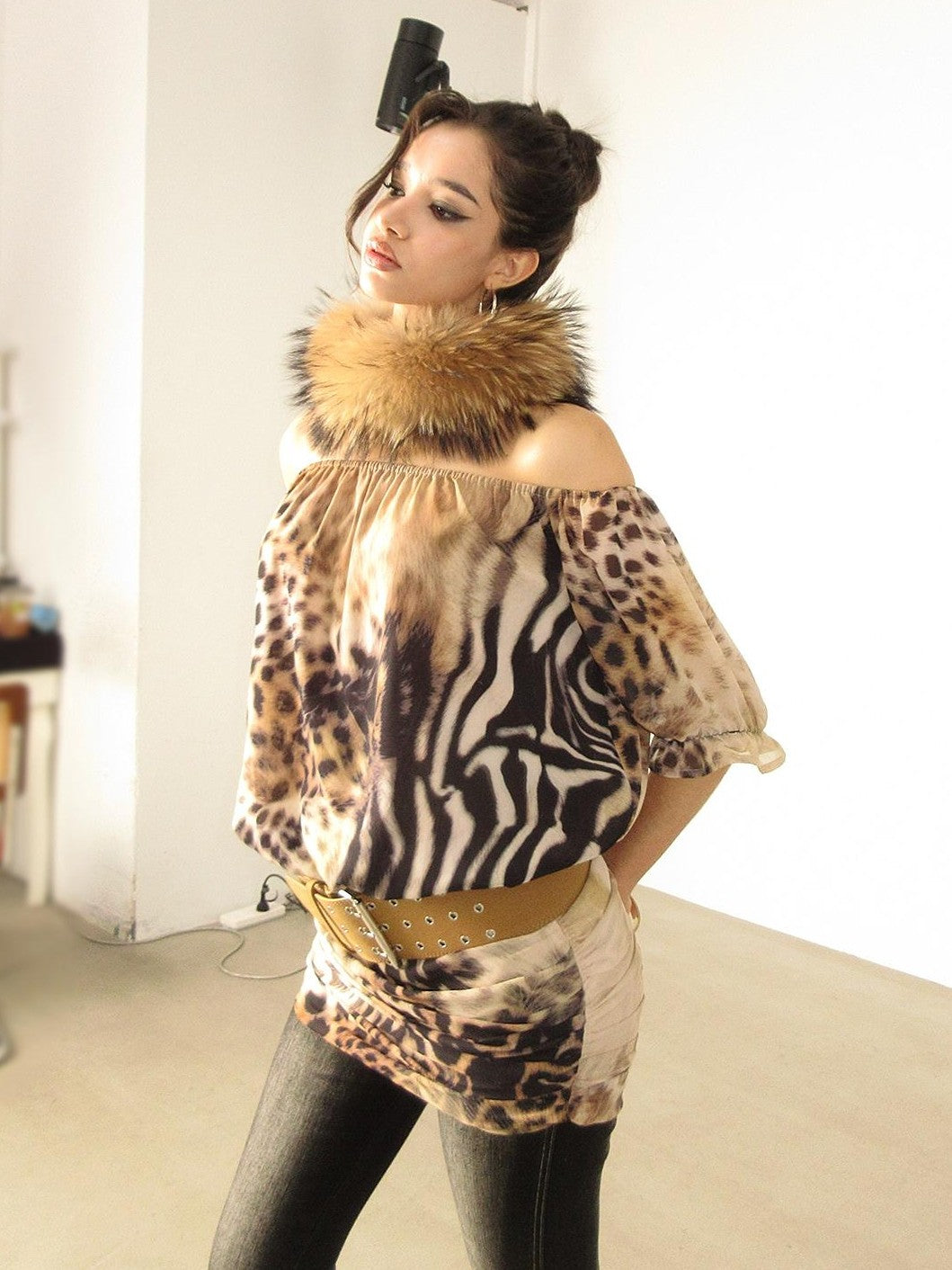AE30 Saint Leopard Print Ruched Puff Sleeve Bodycon Women&