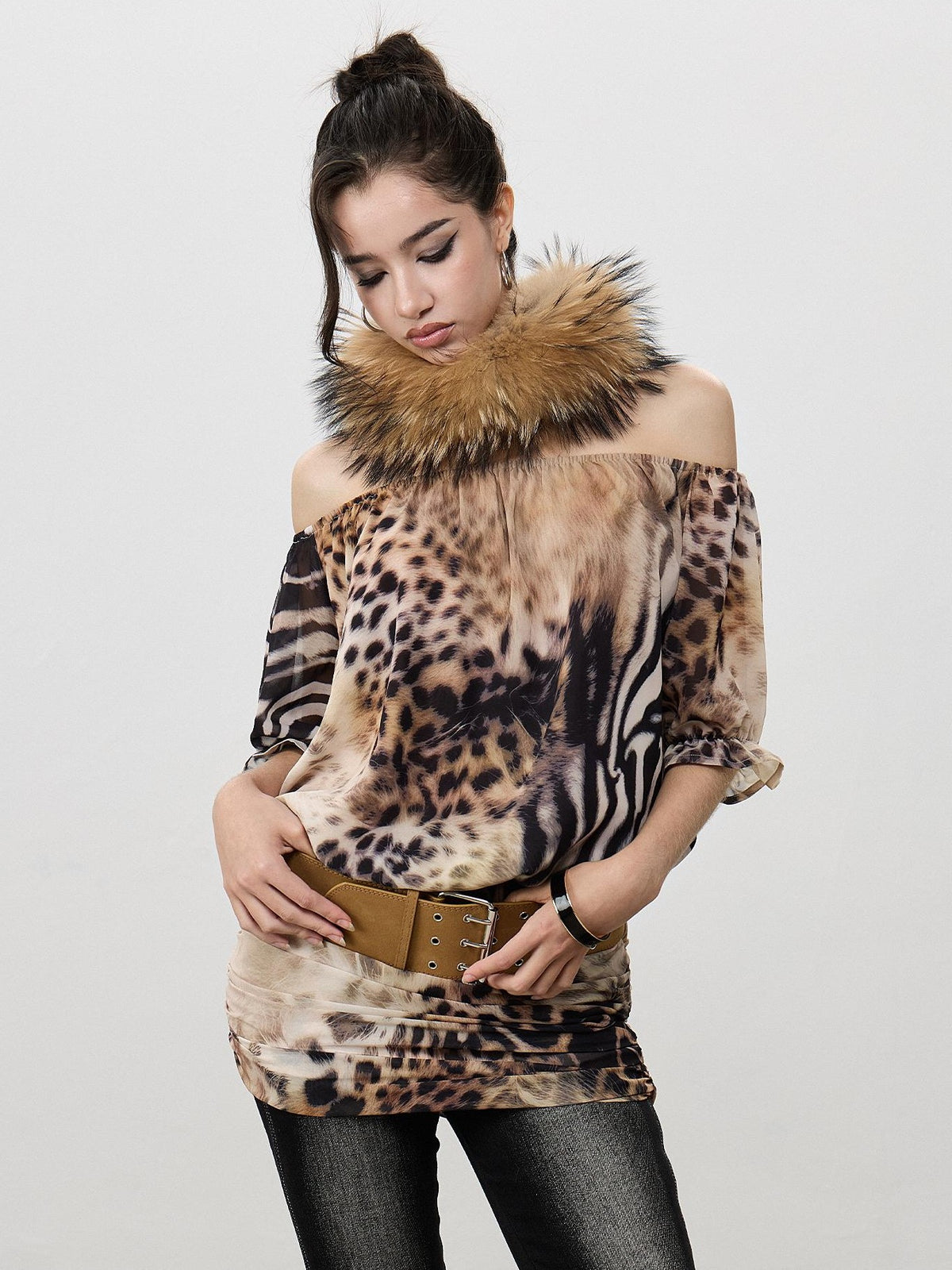 AE30 Saint Leopard Print Ruched Puff Sleeve Bodycon Women&