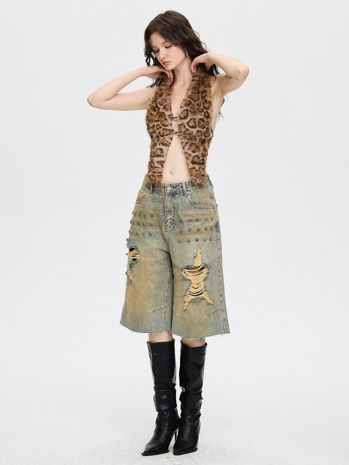 AE30 Saint Leopard Print Studded Open Back Lace Up Women&
