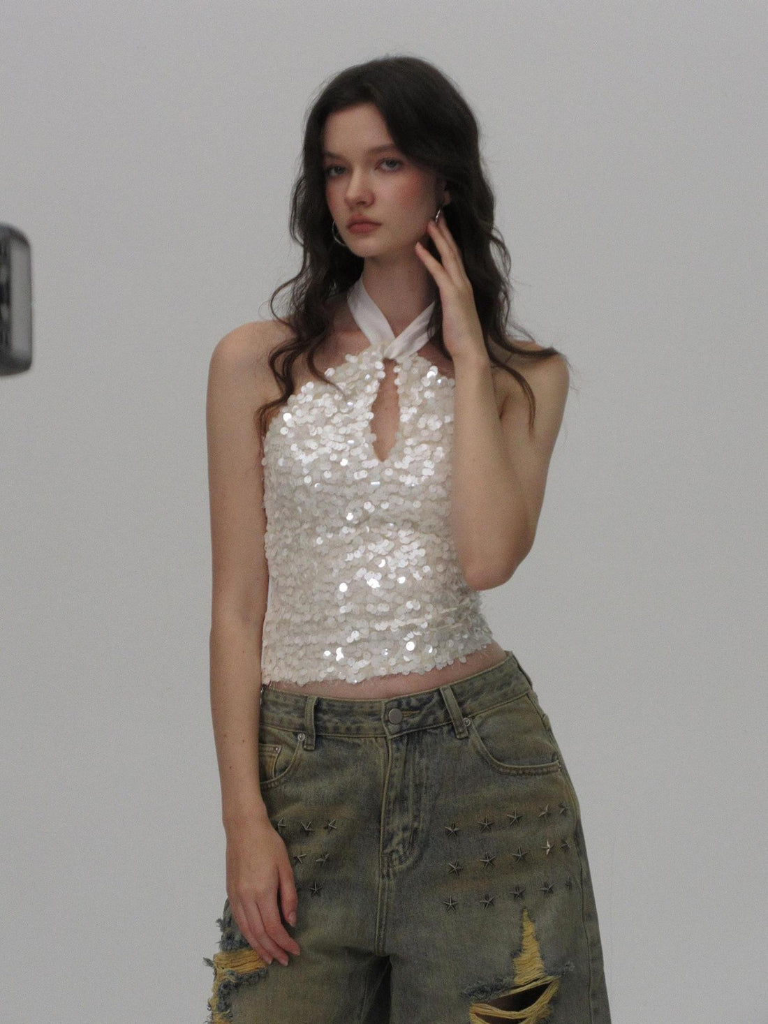 AE30 Saint Sequin Cutout Knotted Tie Strap Slim Fit Women&