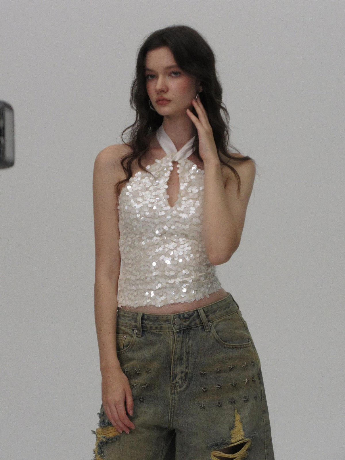 AE30 Saint Sequin Cutout Knotted Tie Strap Slim Fit Women&