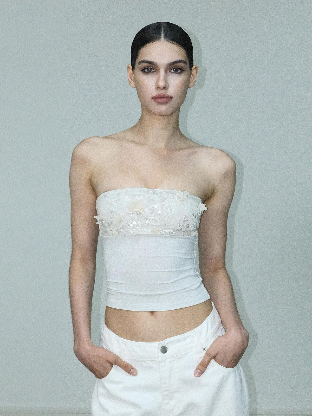 AE30 Saint Sequin Embroidered Beaded Mesh Panel Slim Fit Women&