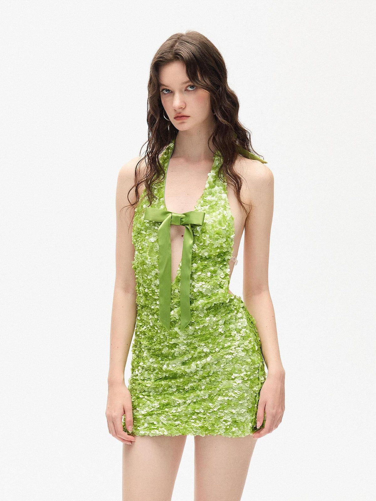 AE30 Saint Sequin V-neck Bow Open Back Vacation Women&