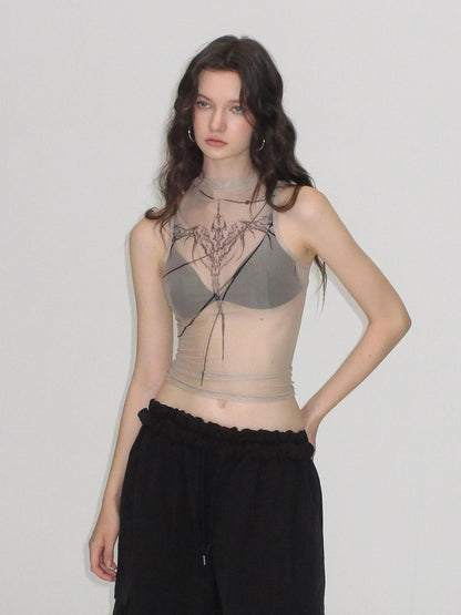 AE30 Saint Sheer Print High Neck Mesh Slim Fit Women&