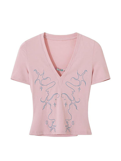 AE30 Saint Starfish Contrast Embroidery Beaded V-neck Slim Fit Women&