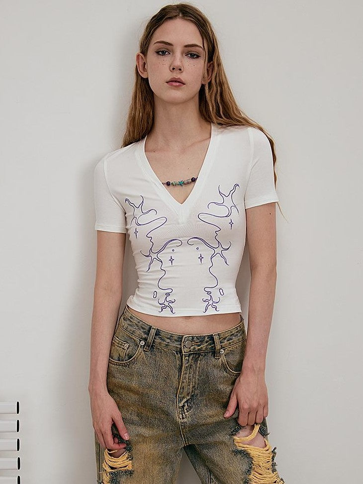 AE30 Saint Starfish Contrast Embroidery Beaded V-neck Slim Fit Women&