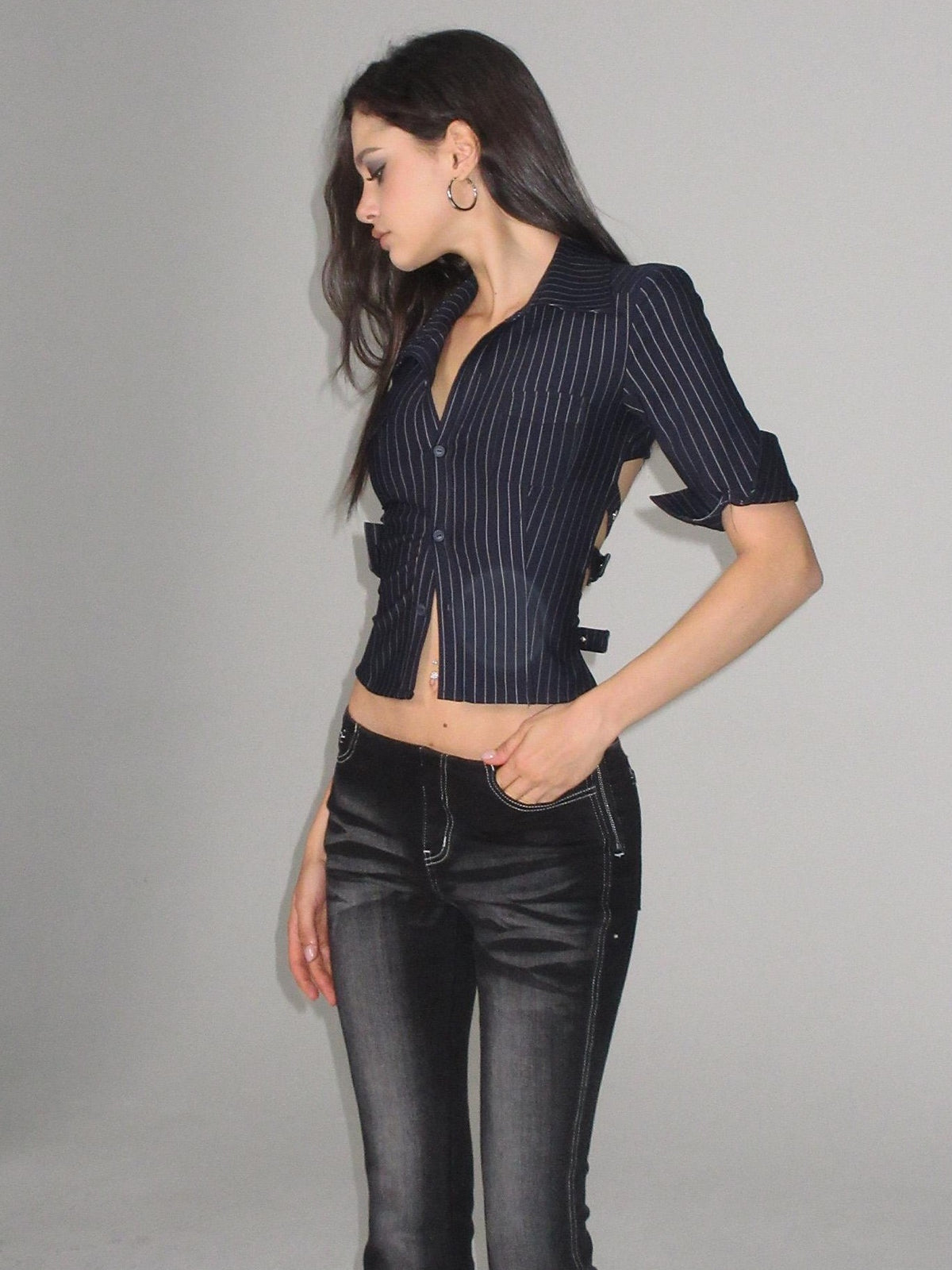 AE30 Saint Striped Open Back Belted Half Sleeve Slim Fit Women&