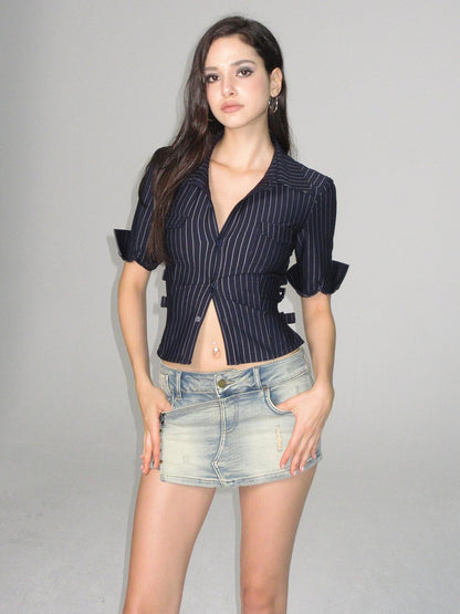 AE30 Saint Striped Open Back Belted Half Sleeve Slim Fit Women&