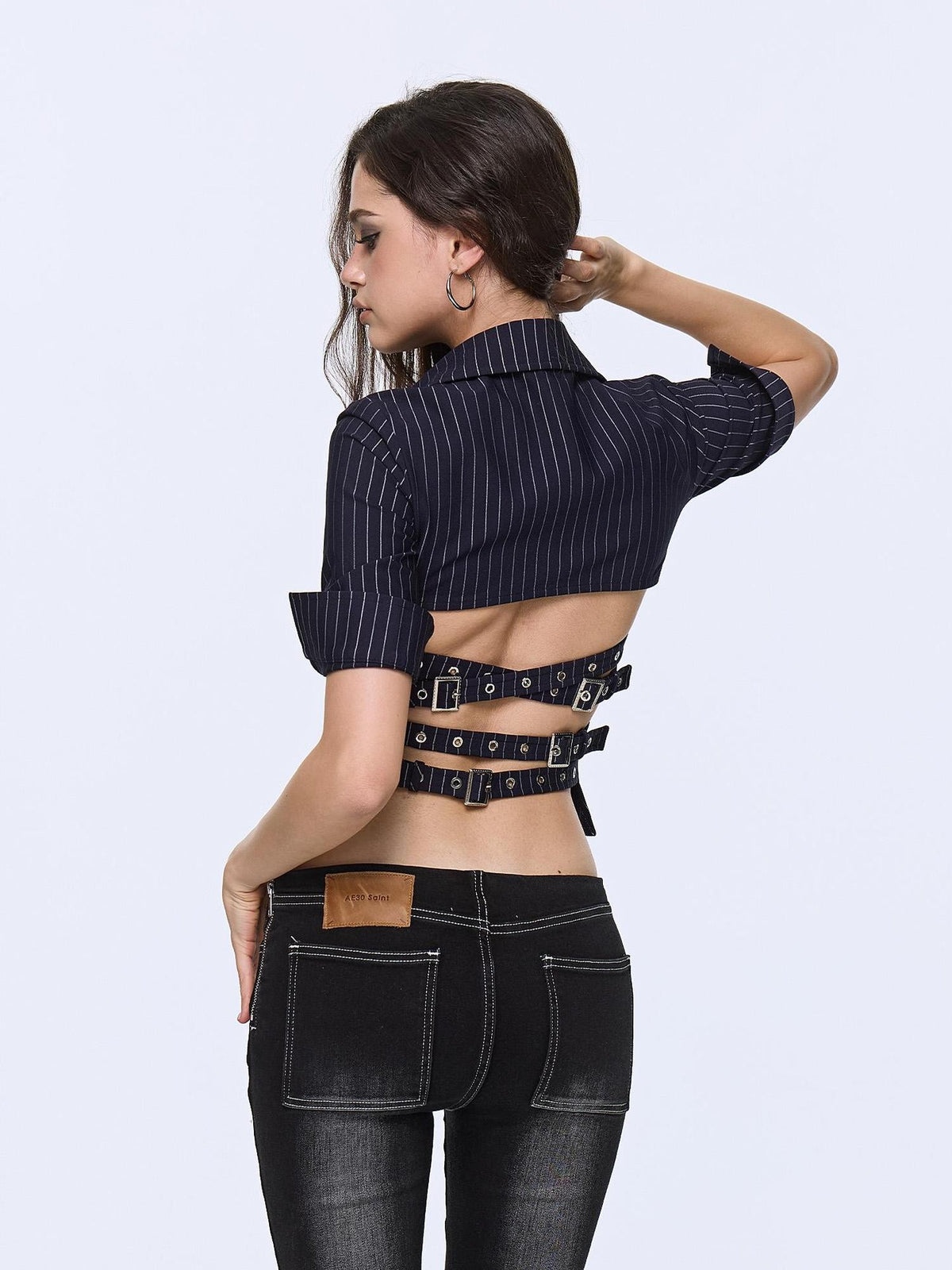 AE30 Saint Striped Open Back Belted Half Sleeve Slim Fit Women&