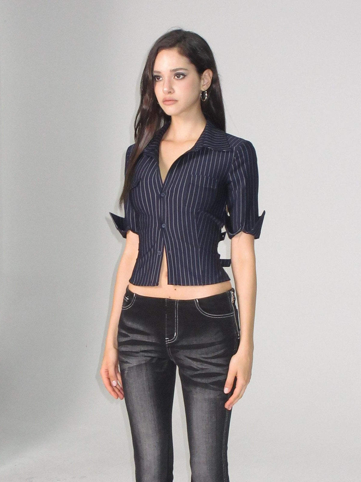 AE30 Saint Striped Open Back Belted Half Sleeve Slim Fit Women&