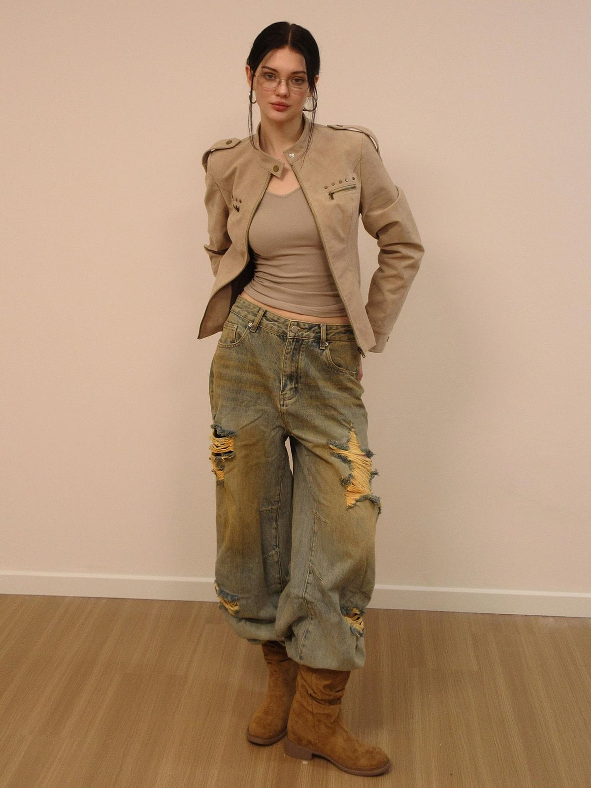 AE30 Saint Studded Embroidered Faux Leather Cropped Slim Fit Women&