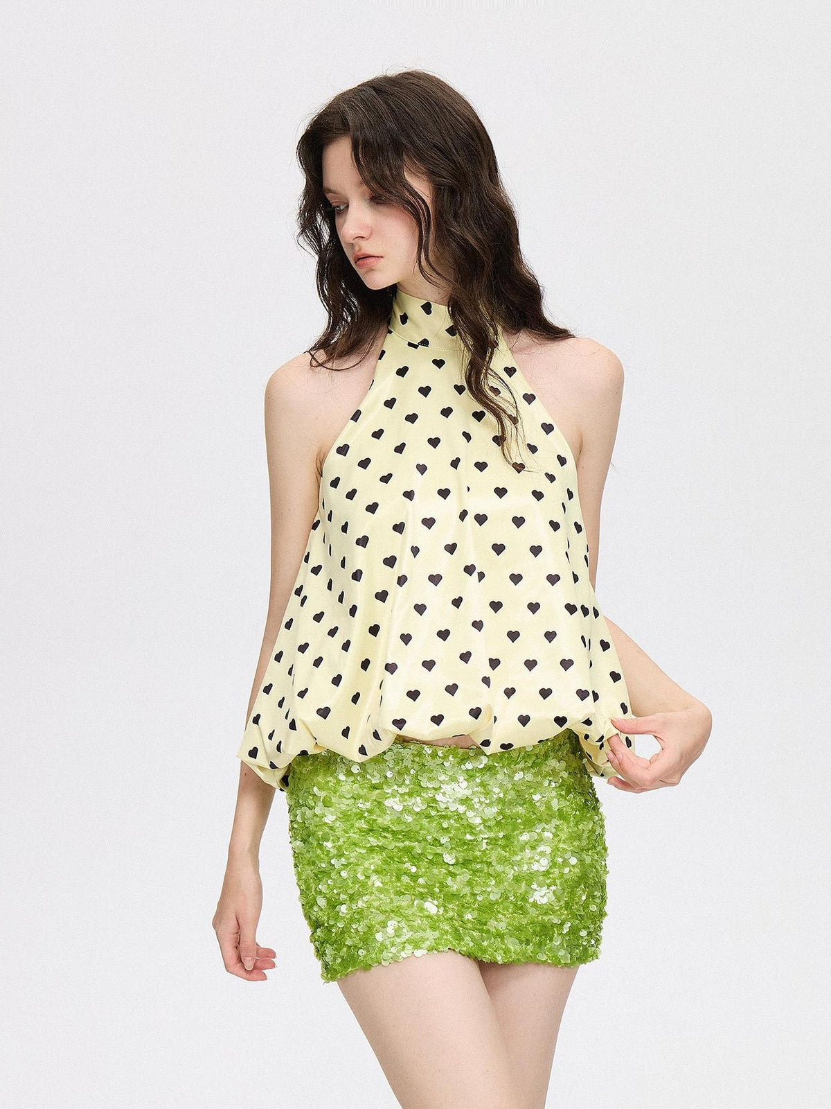 AE30 Saint Yellow Heart Polka Dot Print Tie Loose Women&