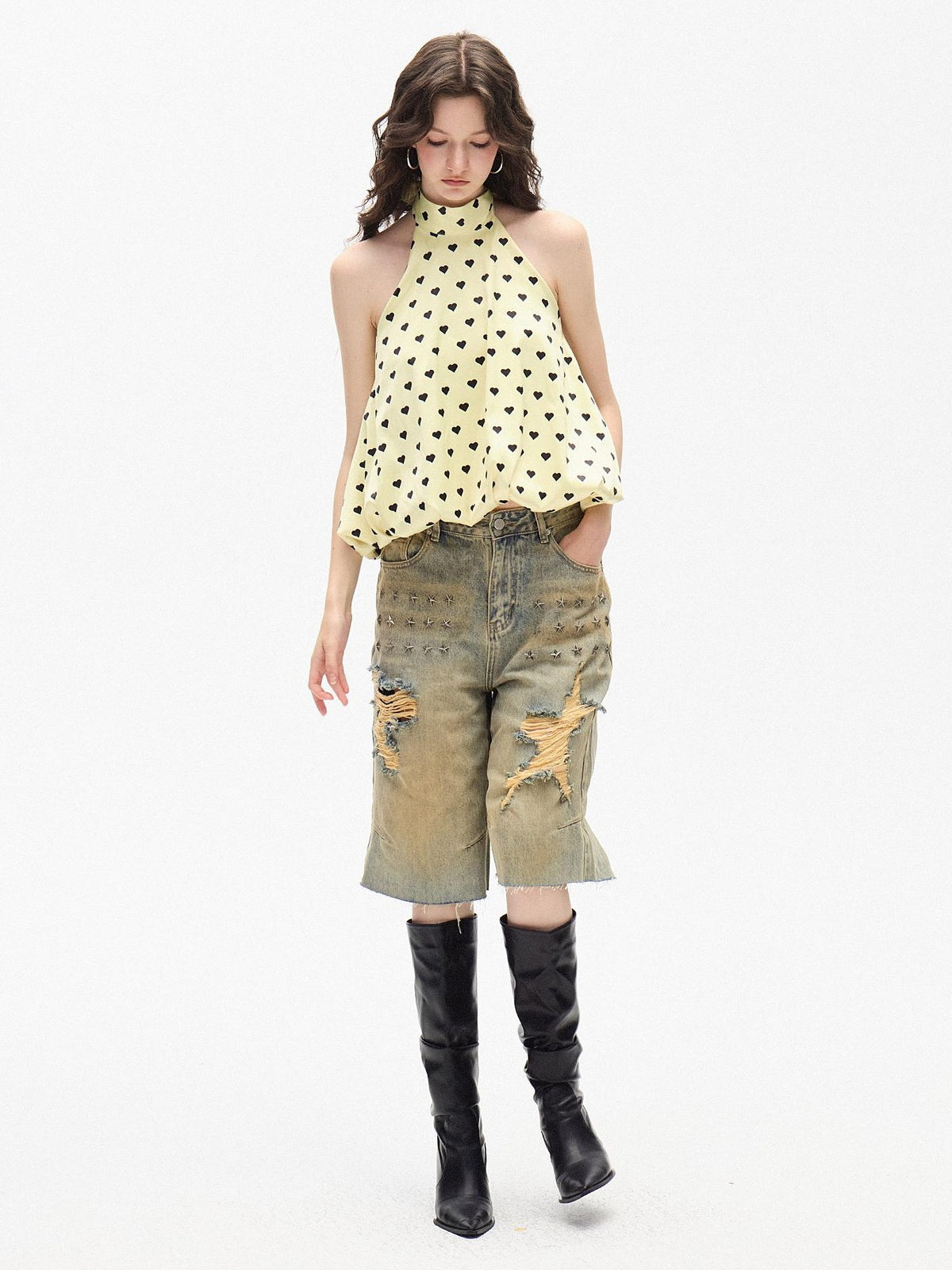 AE30 Saint Yellow Heart Polka Dot Print Tie Loose Women&
