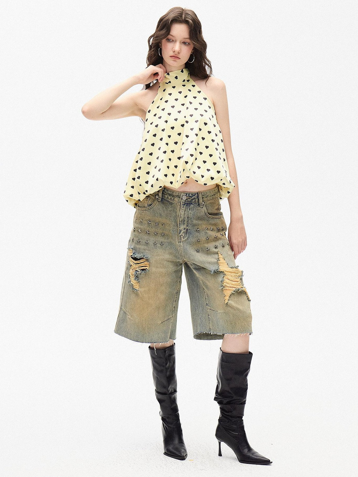 AE30 Saint Yellow Heart Polka Dot Print Tie Loose Women&