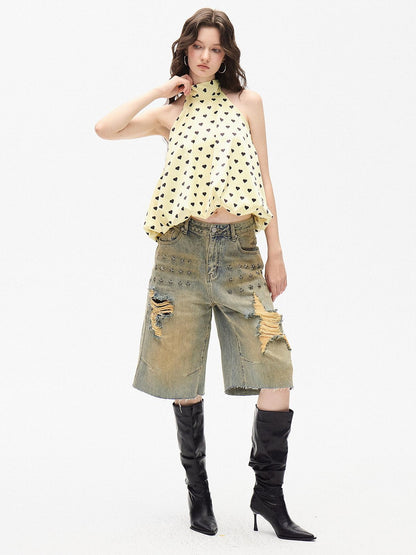 AE30 Saint Yellow Heart Polka Dot Print Tie Loose Women&