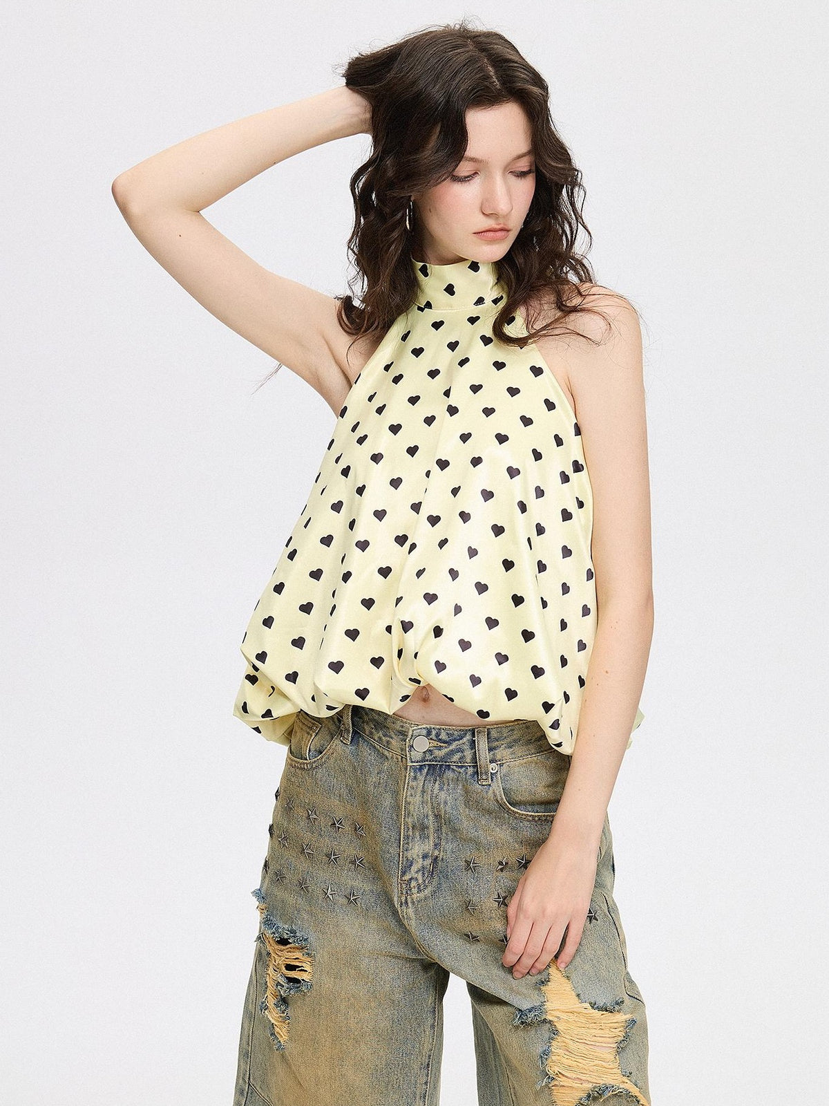 AE30 Saint Yellow Heart Polka Dot Print Tie Loose Women&
