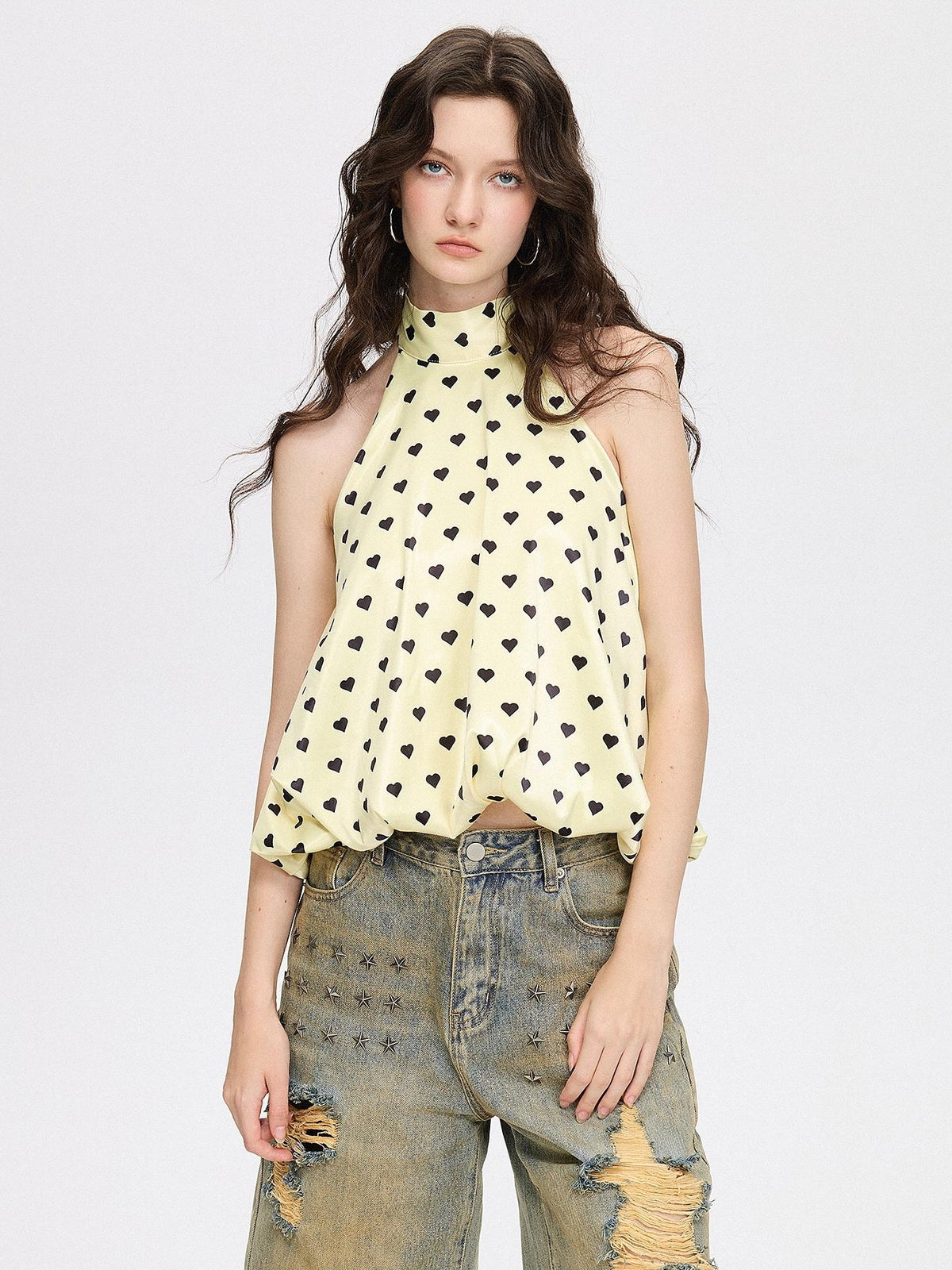 AE30 Saint Yellow Heart Polka Dot Print Tie Loose Women&