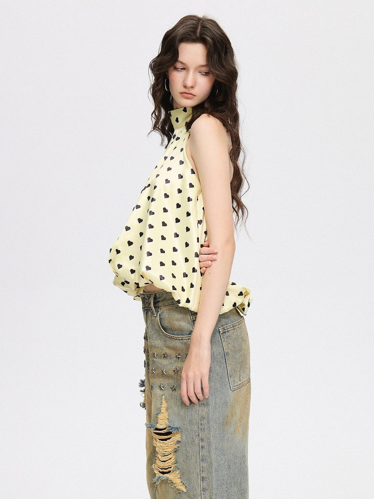 AE30 Saint Yellow Heart Polka Dot Print Tie Loose Women&