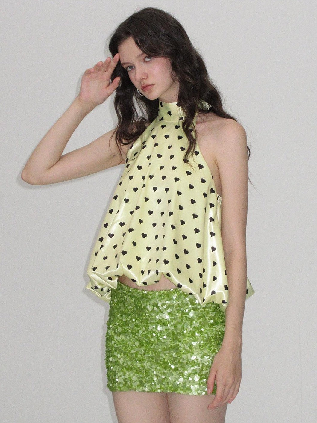 AE30 Saint Yellow Heart Polka Dot Print Tie Loose Women&