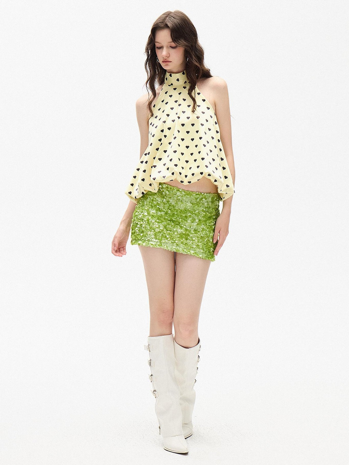 AE30 Saint Yellow Heart Polka Dot Print Tie Loose Women&
