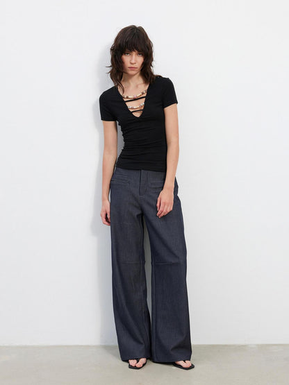 AFTADAWN 3D Tailored Natural Waist Wide Leg Casual Women Pockets Mohair Blend Pants