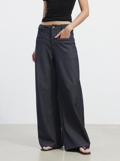 AFTADAWN 3D Tailored Natural Waist Wide Leg Casual Women Pockets Mohair Blend Pants