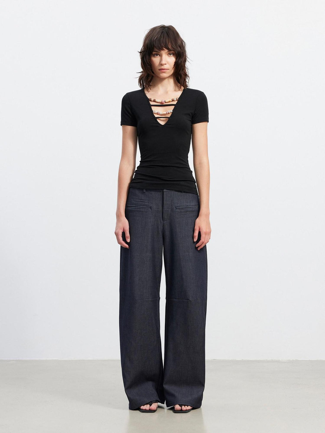 AFTADAWN 3D Tailored Natural Waist Wide Leg Casual Women Pockets Mohair Blend Pants