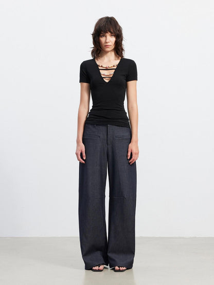 AFTADAWN 3D Tailored Natural Waist Wide Leg Casual Women Pockets Mohair Blend Pants