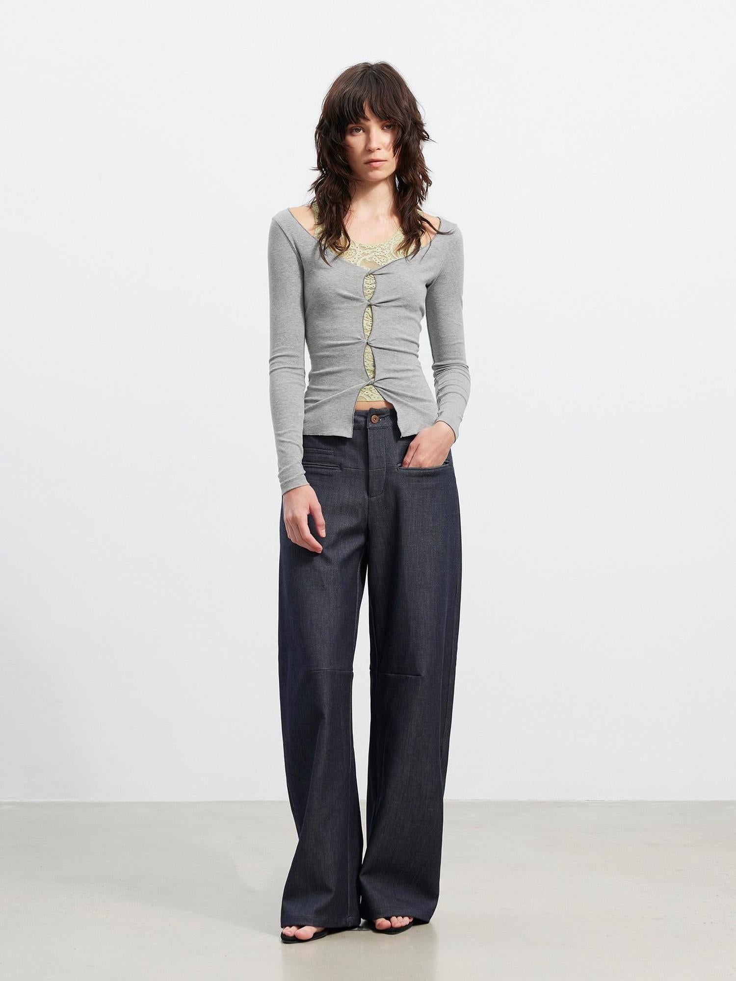 AFTADAWN 3D Tailored Natural Waist Wide Leg Casual Women Pockets Mohair Blend Pants