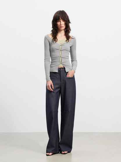 AFTADAWN 3D Tailored Natural Waist Wide Leg Casual Women Pockets Mohair Blend Pants