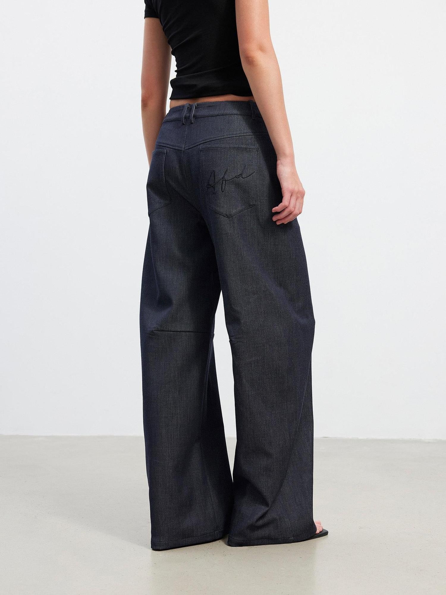 AFTADAWN 3D Tailored Natural Waist Wide Leg Casual Women Pockets Mohair Blend Pants