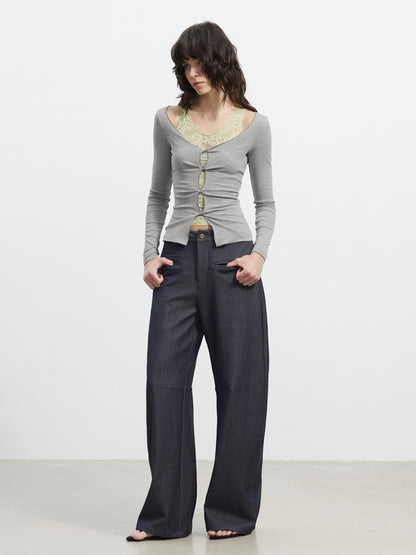 AFTADAWN 3D Tailored Natural Waist Wide Leg Casual Women Pockets Mohair Blend Pants