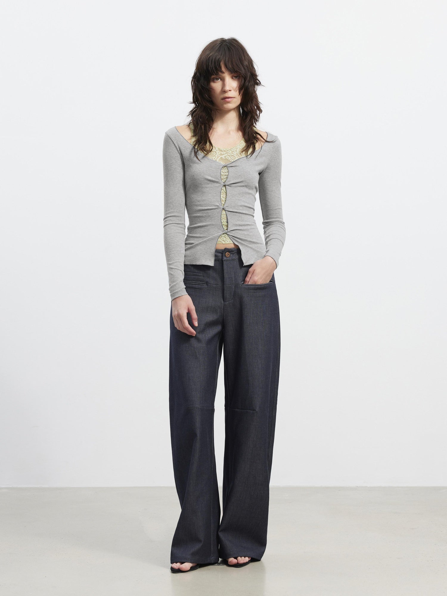 AFTADAWN 3D Tailored Natural Waist Wide Leg Casual Women Pockets Mohair Blend Pants