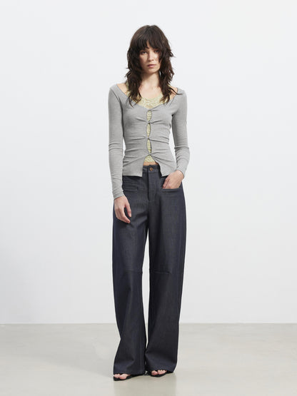 AFTADAWN 3D Tailored Natural Waist Wide Leg Casual Women Pockets Mohair Blend Pants