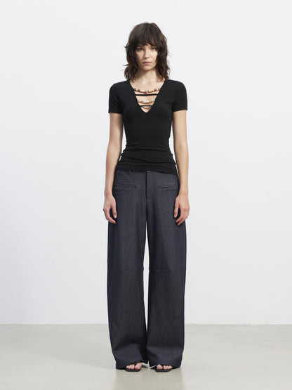 AFTADAWN 3D Tailored Natural Waist Wide Leg Casual Women Pockets Mohair Blend Pants