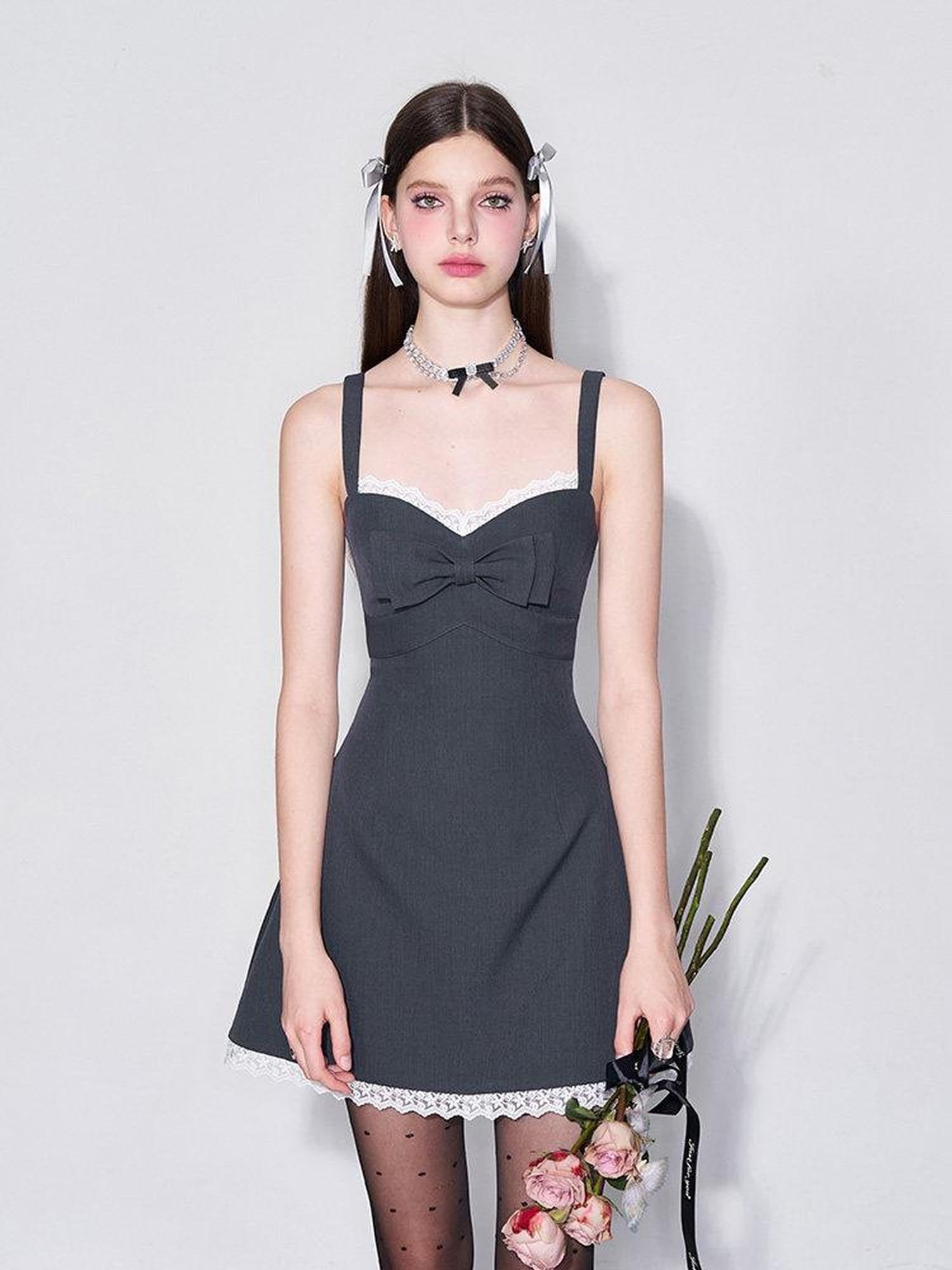AFTADAWN 3d Bow V-neck Cinched Waist Aline Wide Strap Women&