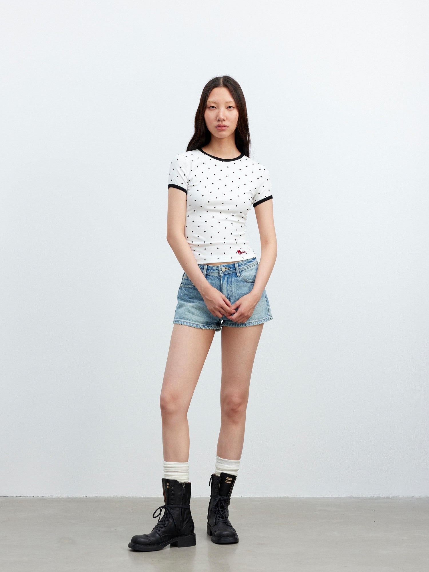 AFTADAWN 3d Contrast Polka Dot Embroidered Slim Women&