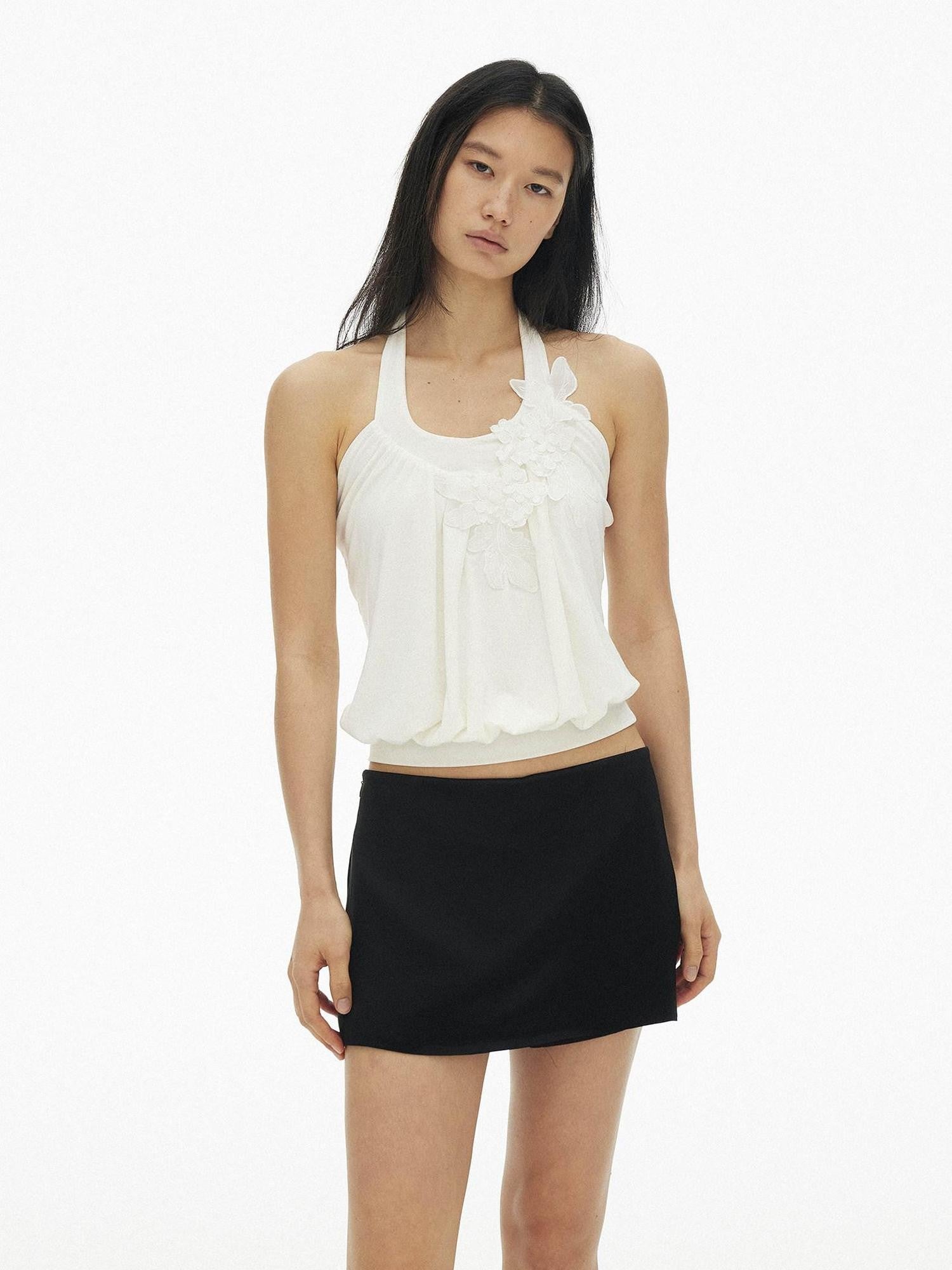 AFTADAWN 3d Embroidered Floral Ruched U Neck Women&