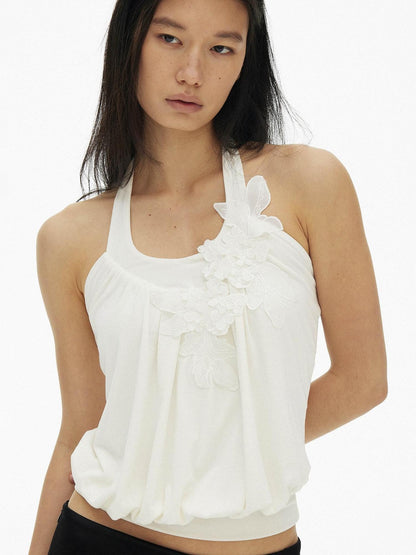 AFTADAWN 3d Embroidered Floral Ruched U Neck Women&