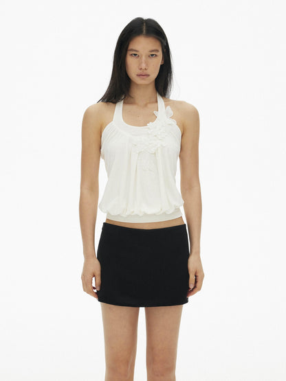 AFTADAWN 3d Embroidered Floral Ruched U Neck Women&
