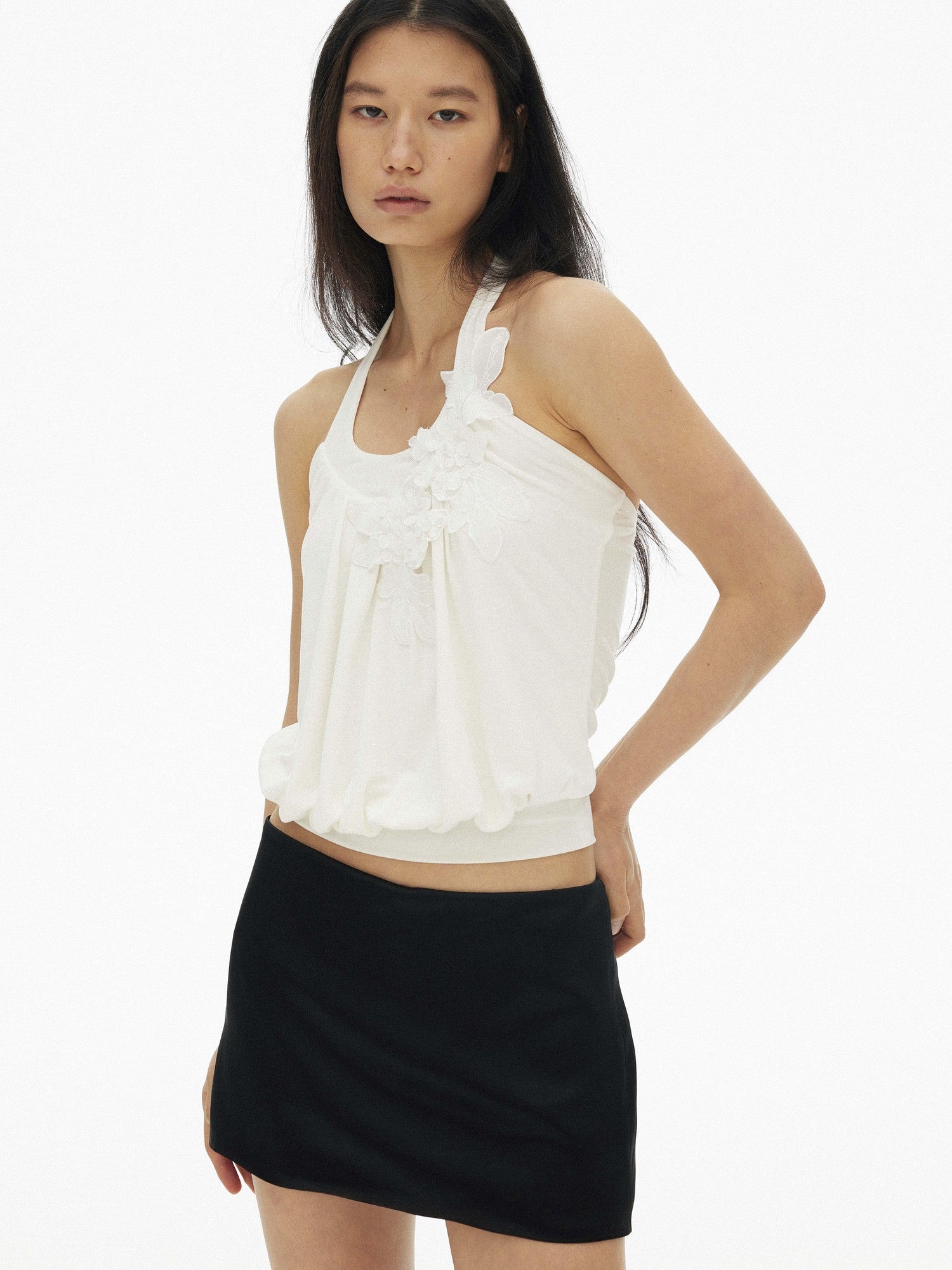 AFTADAWN 3d Embroidered Floral Ruched U Neck Women&