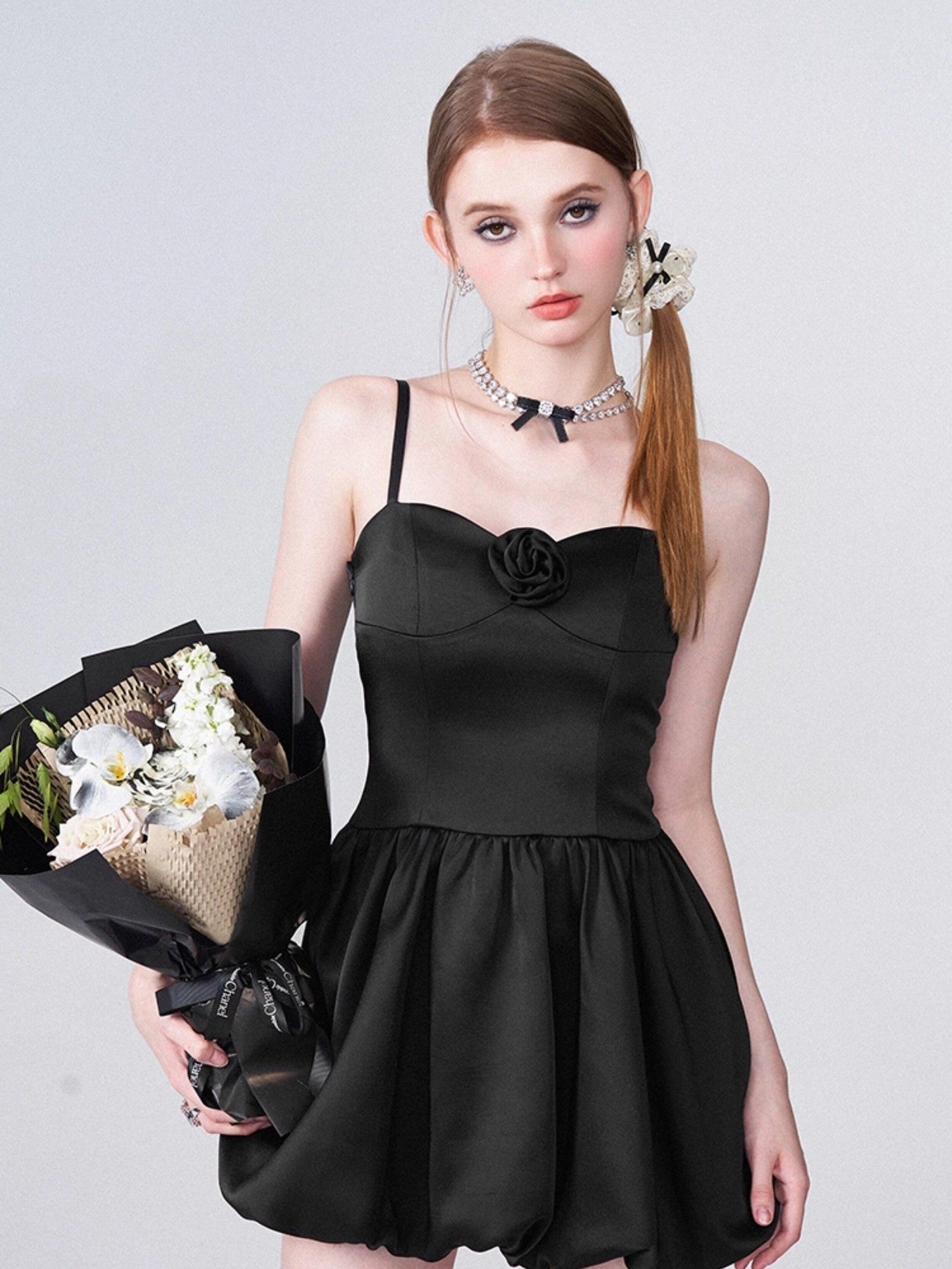 AFTADAWN 3d Rose Cinched Waist Bubble Skirt Women&