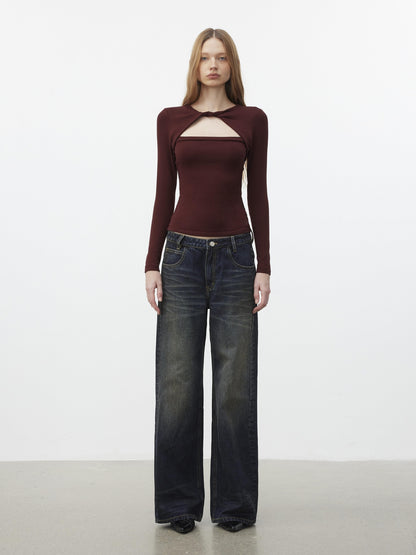 AFTADAWN 96% Cotton Stretch Distressed Wash Straight Natural Waist Zipper Fly Jeans